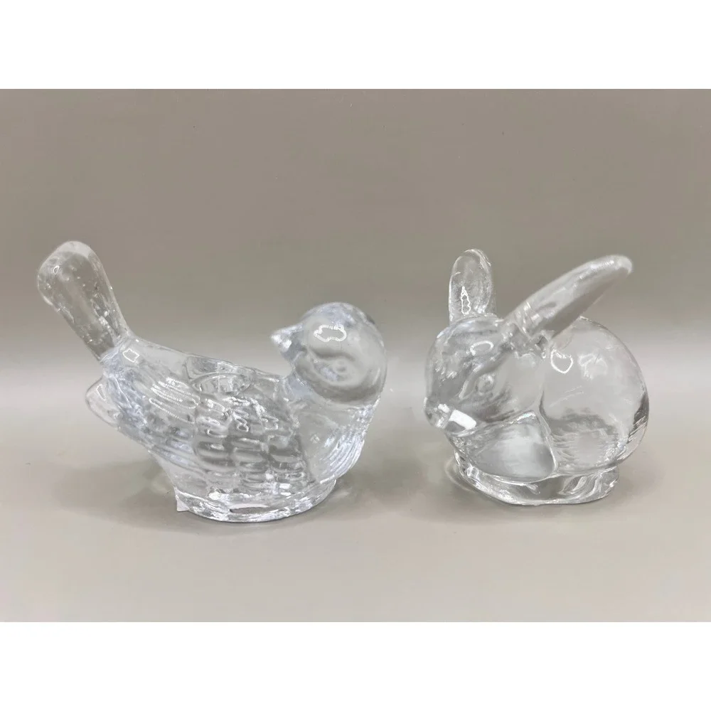 Set of 2 Clear Art Glass Small Taper‎ Candlestick Holders - Rabbit & Bird 2.25